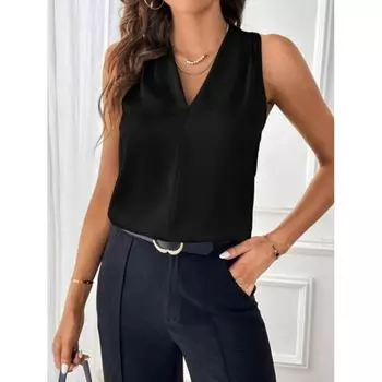 Летние атласные свободные майки без рукавов с V-образным вырезом, женские модные элегантные однотонные повседневные простые жилеты, базовые топы, женская одежда 3421 S чёрный
