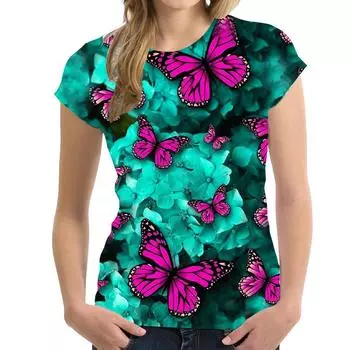 Летние бабочки, цветочные 3D-принты, футболки, женская уличная одежда, повседневная мода 2000 года, футболки с коротким рукавом, футболки с круглым вырезом, топы, одежда XS