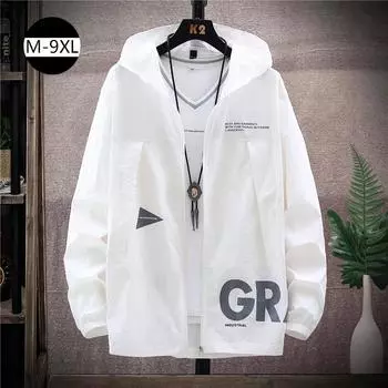 Летние белые кожаные пальто с защитой от ультрафиолета, мужские модные повседневные тонкие куртки с капюшоном и буквенным принтом, большой размер 8XL 9XL XXXL белый