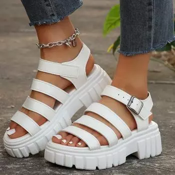 Летние белые сандалии для отдыха на толстой подошве, женские открытые римские сандалии для девочек 35
