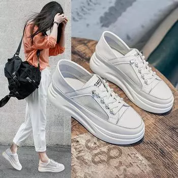 Летние белые женские кроссовки на толстой подошве для бега и повседневной носки с дышащей структурой 2025 года Size 35 белый