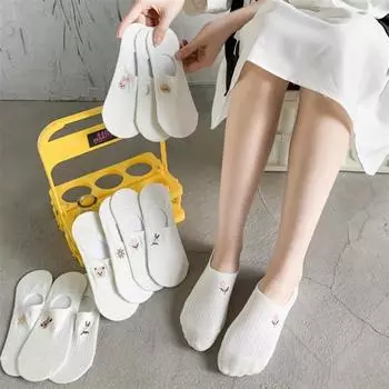Летние белые животные и растения, милые невидимые носки с вышивкой, силиконовые нескользящие носки One size