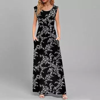 Летние безрукавки с цветочным принтом, свободные платья для женщин, с оборками, модные свободные плиссированные женские платья, повседневное женское платье А-силуэта 2XL чёрный