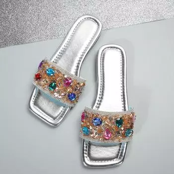 Летние блестящие тапочки для женщин. Новые женские пляжные тапочки на плоской подошве. Женские серебряные сандалии. Уличная обувь. Роскошный дизайнер, большие размеры 43. 36 серебряный