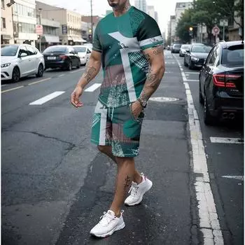 Летние блочные сращивания 3D принт футболки шорты комплекты мужские спортивные костюмы свободные футболки с коротким рукавом брюки комплект мужские костюмы одежда 6XL