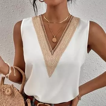 Летние блузки без рукавов, женские элегантные рубашки с v-образным вырезом, кружевные свободные офисные женские топы на бретелях, модная повседневная шелковая одежда 24880 S зелёный