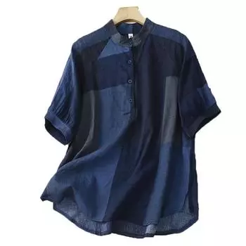 Летние блузки больших размеров, свободная рубашка в клетку с коротким рукавом и принтом в литературном стиле для женщин M синий