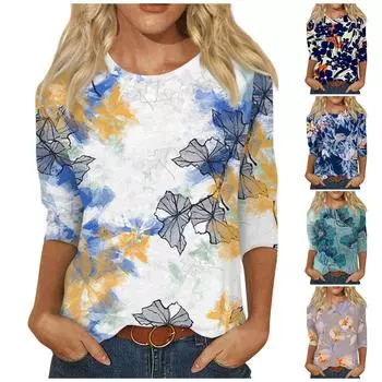 Летние блузки для женщин, женские летние повседневные блузки с круглым вырезом и рукавами три четверти S небесно-голубой