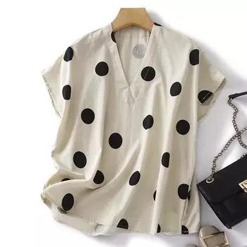 Летние блузки из хлопка и льна, топы, свободные, повседневные, в горошек, с V-образным вырезом, с короткими рукавами, женская рубашка L абрикосовый