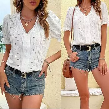 Летние блузки принцессы с пышными рукавами, офисные рубашки с v-образным вырезом и открытыми рукавами, тонкий топ, женская блузка MiuKoMiYa, женская короткая блузка S белый