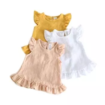 Летние блузки с рюшами и рукавами для девочек, топы, льняные хлопковые кружевные повседневные детские рубашки для маленьких девочек 3T розовый