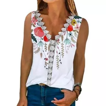 Летние блузки с v-образным вырезом и цветочным принтом, женские повседневные рубашки без рукавов 2023, топы, женская модная элегантная футболка, женская одежда 24858 S орион