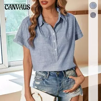Летние блузки, женская рубашка в полоску, темперамент, элегантный топ с короткими рукавами S синий