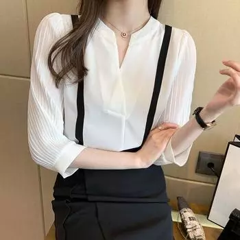 Летние блузки, женские модные рубашки в полоску, летние рубашки с коротким рукавом и v-образным вырезом, топы, повседневная одежда S белый