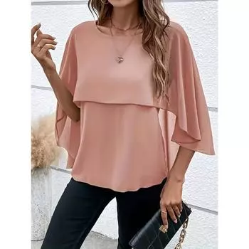 Летние блузки женские топы универсальные с круглым вырезом без рукавов однотонные многослойные рубашки с рукавами-накидками из шифона женские S персиковый