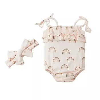 Летние боди с принтом для маленьких девочек, комбинезоны без рукавов с бретелями + повязка на голову, комплект из 2 предметов, комбинезон с цветочным принтом на бретельках M