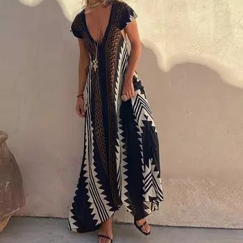Летние богемные женские длинные платья с коротким рукавом и V-образным вырезом, свободные длинные элегантные платья, женская мода, праздничная пляжная одежда для женщин S чёрный