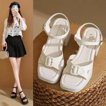 Летние большие ярды толстые женские туфли римские туфли пряжка ремень маффин толстая подошва сандалии на высоком каблуке женские модные женские летние дышащие туфли 35