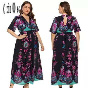 Летние большие размеры 5xl, европейские макси-платья с v-образным вырезом и принтом, богемная сексуальная женская одежда XL