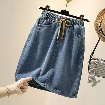 Летние большие размеры, эластичные джинсовые юбки с высокой талией, женские однотонные мини-юбки больших размеров, офисная женская одежда трапециевидной формы M синий