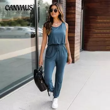 Летние большие размеры, однотонные брюки без рукавов с высокой талией, женские модные повседневные свободные темпераментные комбинезоны S чёрный