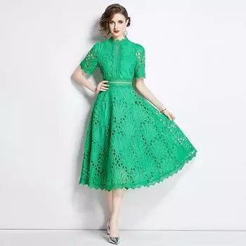 Летние большие размеры с вышивкой и кружевом, вязаные крючком, платья для подиума, женское длинное вечернее платье с коротким рукавом S