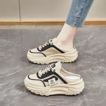 Летние большие тапочки Baotou с сеткой и круглым носком на наклонном каблуке 40 белый