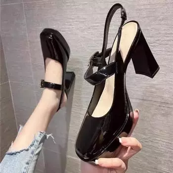 Летние босоножки Элегантные туфли женские на каблуке черные модные туфли Baotou в стиле ретро с квадратным носком Туфли Мэри Джейн на толстом высоком каблуке сандалии женские 35 бежевый