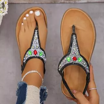 Летние босоножки Lucyever с кристаллами и клипсами, женские повседневные босоножки на плоской подошве, бохо, женские пляжные туфли на нескользящей платформе 36 чёрный