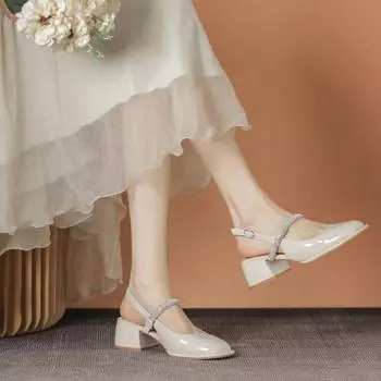 Летние босоножки Мэри Джейн на высоком каблуке с ремешками, украшенными кристаллами, 2024 г. Новые повседневные босоножки Baotou на квадратном каблуке среднего размера 34-40 34 чёрный