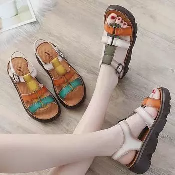 Летние босоножки Mom s 2025 на танкетке: Толстая подошва, средний каблук, нескользящие, для женщин среднего возраста 35 жёлтый