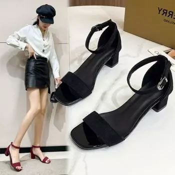 Летние босоножки на каблуке с квадратным носком, женские туфли, женские босоножки с пряжкой и ремешком, модные босоножки с открытым носком, женские 35