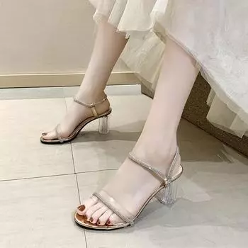 Летние босоножки на массивном каблуке, прозрачные модные удобные туфли со стразами и открытым носком на высоком каблуке 34 серебряный