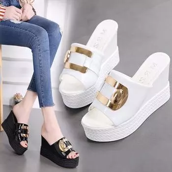 Летние босоножки на наклонном каблуке, туфли на платформе на толстой подошве, босоножки на высоком каблуке-рыболове, женские тапочки с блестками, верхняя одежда 40 белый