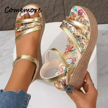 Летние босоножки на платформе 2024 года, новые босоножки на высоком каблуке с принтом в случайном порядке, женские пляжные тапочки на танкетке 36 золотой