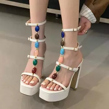 Летние босоножки на платформе, женские, с толстым каблуком, квадратным носком, цветными драгоценными камнями, с Т-образным ремешком и пряжкой, женские туфли для вечеринок 35