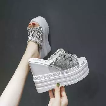 Летние босоножки на танкетке на высоком каблуке со стразами и кристаллами на высоком каблуке, женская обувь, женские шлепанцы на платформе 35 чёрный