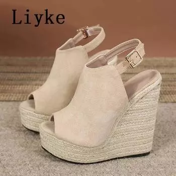 Летние босоножки на танкетке с открытым носком для женщин, модные повседневные гладиаторские туфли с пряжкой и ремешком на платформе и высоком каблуке, женские сандалии 34