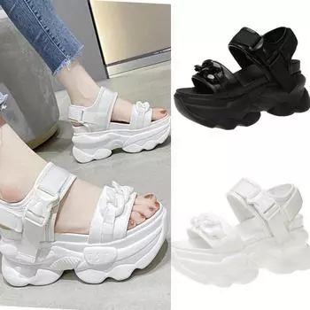 Летние босоножки на танкетке. Женские пляжные тапочки 9 см. Сандалии на высоком каблуке. Женская повседневная обувь. Туфли на массивной платформе. 34 чёрный