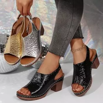 Летние босоножки на толстой подошве, с отделкой «рыбий рот», толстым каблуком и однорядными пуговицами 36 чёрный