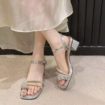 Летние босоножки на толстом каблуке, женская верхняя одежда со стразами, универсальные босоножки на среднем каблуке Fairy Wind Word с босоножками на среднем каблуке 35 серебряный