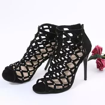 Летние босоножки на высоком каблуке — модные, простые и удобные, с открытым носком, сексуальные и полые, повседневные универсальные босоножки на высоком каблуке-шпильке. 35 чёрный