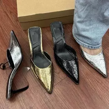 Летние босоножки на высоком каблуке с острым носком для женщин, брендовые дизайнерские сексуальные уличные блестящие кожаные вечерние платья, женские мюли, обувь оптом 37 серебряный