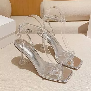 Летние босоножки на высоком каблуке с прозрачным словом и стразами женские босоножки на высоком каблуке женские