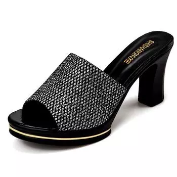 Летние босоножки на высоком каблуке со стразами, тапочки, весенняя женская обувь на толстом каблуке «рыбий рот», сандалии большого размера 40 золотой