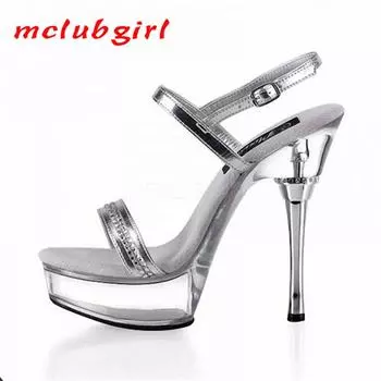 Летние босоножки с бриллиантами и рыбьим ртом на тонком каблуке для вечернего шоу с прозрачными кристаллами на высоком каблуке 14 см, платформа 4 см YKC 34 серебряный