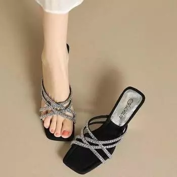 Летние босоножки с квадратным носком и открытым носком на диагональном каблуке с пайетками, модная женская обувь в стиле темперамент 34 чёрный