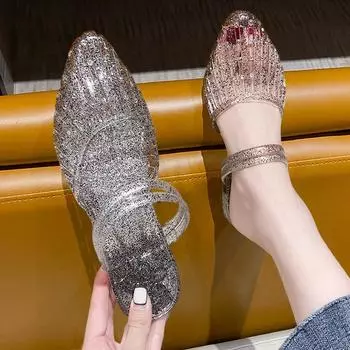 Летние босоножки со стразами для женщин, прозрачные босоножки с открытым носком и покатым каблуком, удобные и стильные пляжные и офисные туфли 36 чёрный