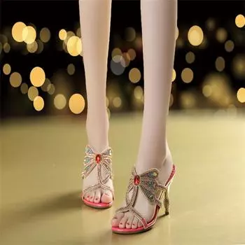 Летние босоножки со стразами из натуральной кожи, блестящие женские босоножки с открытым носком, туфли на высоком каблуке для вечеринок, босоножки-гладиаторы, свадебные туфли 33(Foot 21.5cm)