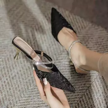 Летние босоножки Stiletto 2024 для женщин со стразами, на тонком каблуке, женская обувь с бриллиантами для вечеринок, свадеб, с острым носком, дизайнер 34
